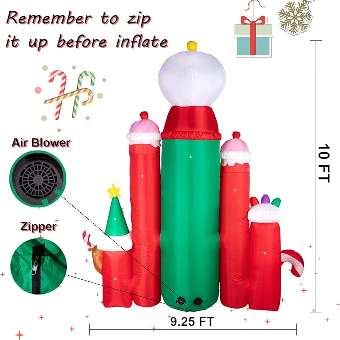 Hioasis 10 FT Christmas Inflatable Decorations,Gaint Candy Castle Inflatable with Santa,Reindeer,Penguin,Gingerbread - Blow Up Yard Outdoor Decorations with LED Lights Built-in,Perfect for Christmas