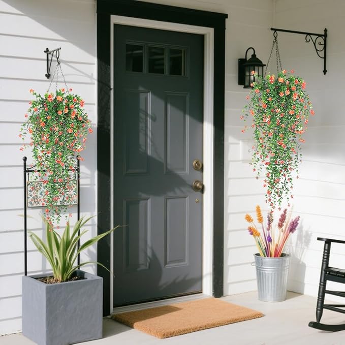 Artificial Hanging Flowers, 3 Pcs Fake Hanging Plants Decor, Artificial Vines for Outdoors, UV Resistant No Fade Artificial Plants Suitable for Indoor Decoration Outdoor Porch Courtyard (Orange)