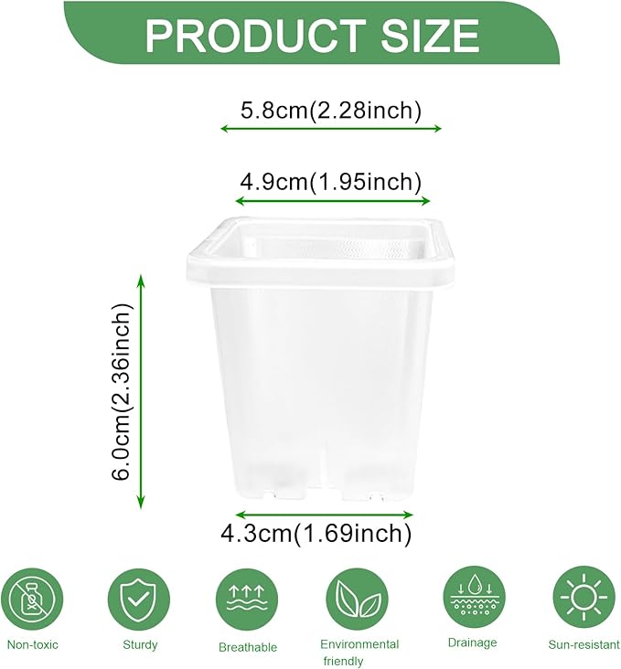 2 Inch Square Plant Nursery Pots (Black+Clear),50Pcs Seedling Planter Seed Starter Pots,Sturdy Small Plastic Pots with Drainage Holes