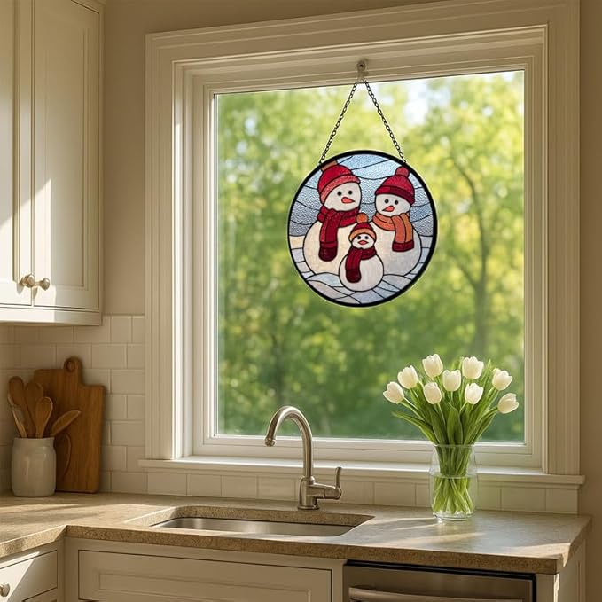 Stained Glass Window Hanging – 11.8 in Snowman Family Panel with Chain， Bathroom Front Door Living Room Garden Winter Holiday Decor， Gift for Mom Wife Lovers