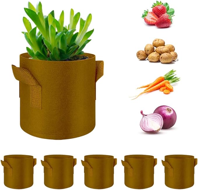 5-Pack 5 Gallon Grow Bags Heavy Duty Thickened Nonwoven Fabric Pots with Handles, Plant Grow Bags for Vegetables/Flower/Plant/Fruits, Brown