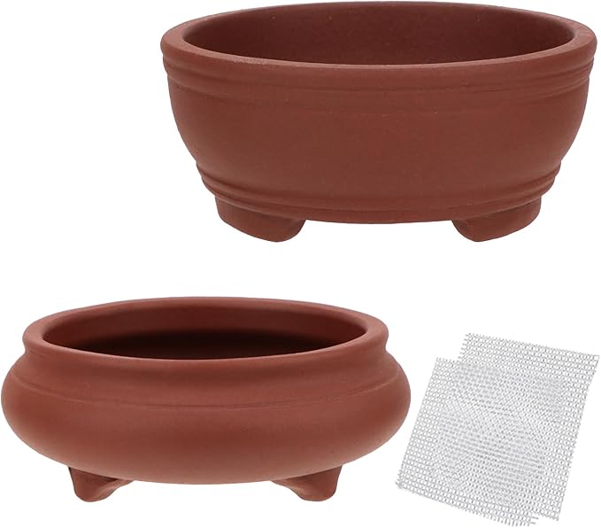 Bonsai Planter 2 pc 3.9" + 4.1" Unglazed Round Ceramic Succulent Pots Set