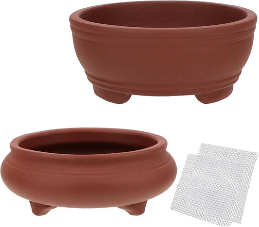 Bonsai Planter 2 pc 3.9" + 4.1" Unglazed Round Ceramic Succulent Pots Set
