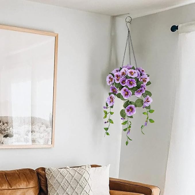 Briful Artificial Hanging Basket Outdoor Light Purple Pansy Fake Flowers Realistic Silk Fall Bloom Faux Flowers Coconut Basket for Home Decor Indoor Farmhouse Balcony Patio Garden