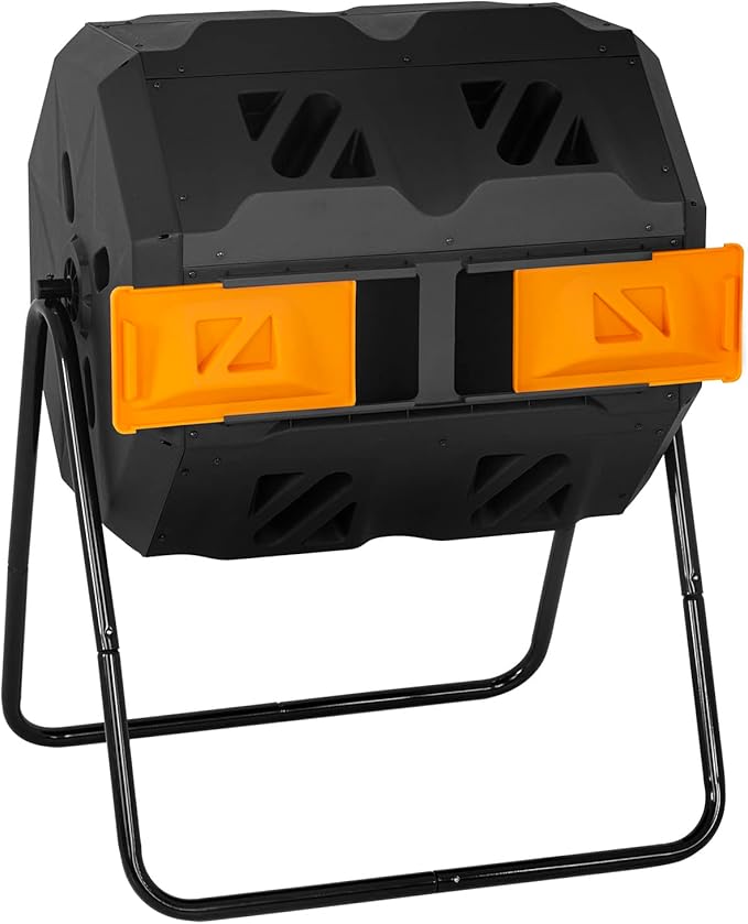 Composting Bins 43 Gallon Outdoor Tumbling Compost Bin Compost Tumbler Bucket Trash Can w/Dual Chamber Sliding Doors for Garden Patio,Orange Door