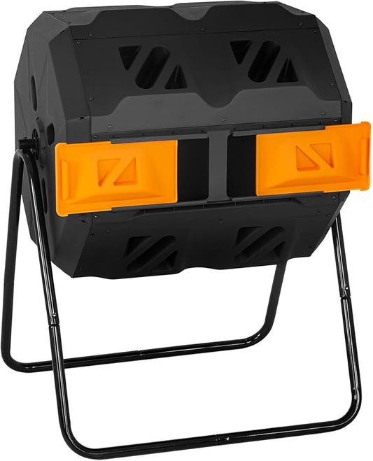 Composting Bins 43 Gallon Outdoor Tumbling Compost Bin Compost Tumbler Bucket Trash Can w/Dual Chamber Sliding Doors for Garden Patio,Orange Door