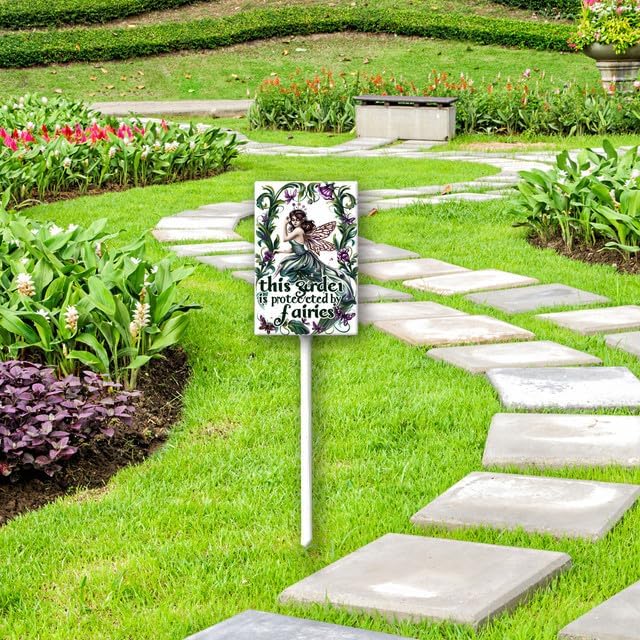 Uptell This Garden is Protected By Fairies Yard Signs with Stakes Aluminum Sign for House/Front Door Outdoor Decoration,Weather Resistant 8x12 Inch