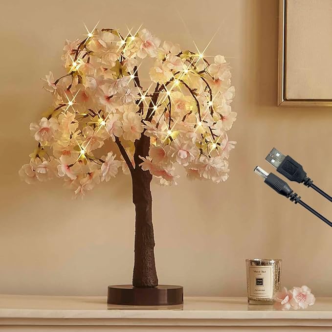Fudios Lighted Bonsai Tree with Cherry Blossom Branches 40 LED 18IN Japanese Room Decor,Flower Tree with Lights Battery USB Plug for Wedding Party Summer Mantle Decoration