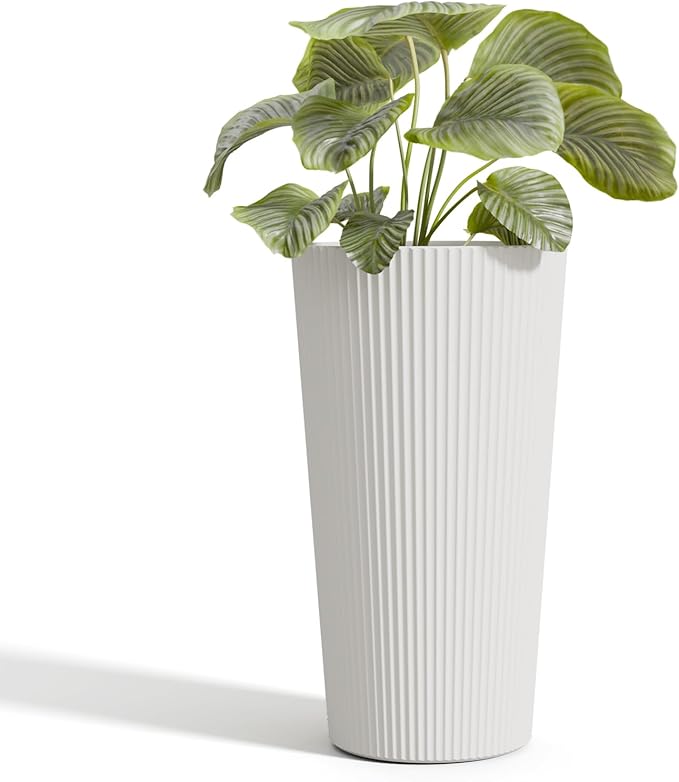 Tall Outdoor Planter Front Porch Decor Set of 2-23.6" H Tall Planters for Outdoor Plants with Drainage Hole, Round Conical Design Flower Pots for Indoor/Patio/Garden, White