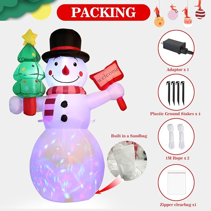 5Ft Christmas Inflatables Outdoor Decorations, Christmas Blow up Snowman with LED Lights, Winter Outside Decor for Holiday Party Yard Patio Garden Lawn, Xmas Tree