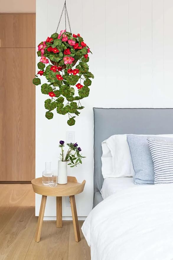 Briful Geraniums Fake Flowers Hanging Basket Outdoor, Silk Summer Vine Faux Flowers, Begonia Artificial Flowers, 5 ⅞’’ Coconut Basket, for Home Farmhouse Balcony Indoor Patio Garden Decor