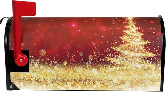 ALAZA Golden Glitter Christmas Tree Red Magnetic Mailbox Cover Oversized for Garden Yard Outdoor Decorations-25.5" x20.8