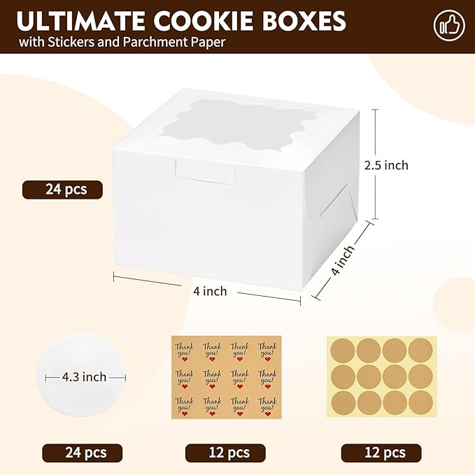 48 Pcs Cookie Boxes with Window, 4x4x2.5 Inches White Bakery Boxes with Stickers & Parchment Paper for Cookies Treats Desserts Donuts Pastry Macaroon, Gift Giving Party Wedding Favor