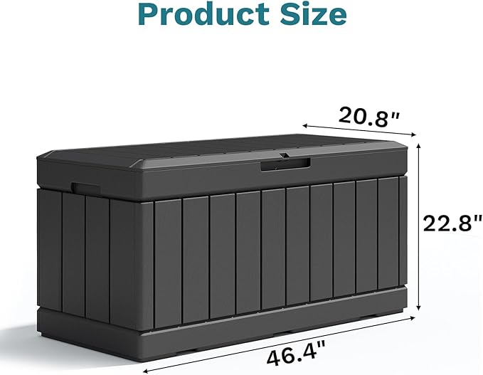 Patiolife 85 Gallon Resin Deck Box, Wood Like Outdoor Storage Box for Garden Tools, Pool Supplies, Waterproof and Lockable, Black