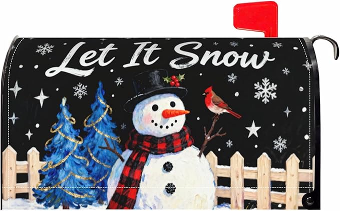 Christmas Snowman Mailbox Covers Magnetic Standard Size Black Blue Xmas Tree Snowflake Cardinal Holiday Outdoor Decorative Letter Box Cases for Home Garden Outside Decor, 21x18 Inch