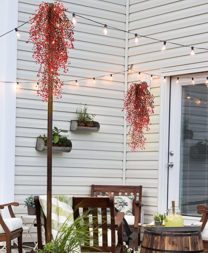 RECUTMS Artificial Hanging Fern Lighted with 30 LED Fake Hanging Ivy Vines Plastic Faux Greenery Plants for Home Wall Bedroom Garden Wedding Outside Decor Pack of 4 (Red)