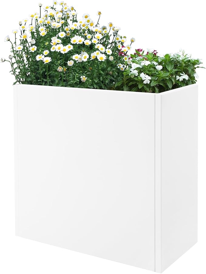 Metallic Heavy Planter Box, Large Metal Planter with Removable Insert Shelf for Outdoor/Indoor, Tall Trees, Plants, Flowers, Easy Assembly (White, 28 * 12 * 28inch)