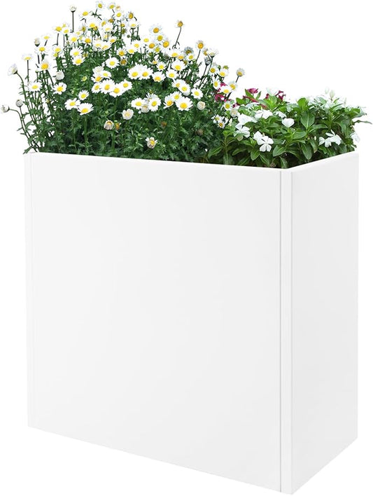 Metallic Heavy Planter Box, Large Metal Planter with Removable Insert Shelf for Outdoor/Indoor, Tall Trees, Plants, Flowers, Easy Assembly (White, 28 * 12 * 28inch)