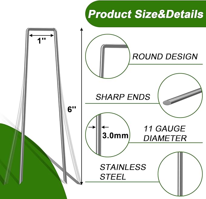 AAGUT Garden Stakes Pins, Landscape Staples 50 Pack 6 Inch 11-Gauge Galvanized Lawn Stake for Dog Fence, Weed Barrier Fabric, Ground Cover, Irrigation Tubing Soaker Hose, Chicken Wire