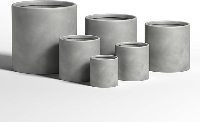 DTY Signature Mount Powell Fiberstone Planter - 12 Inch Medium Gray Cylindrical Mid-Century Modern Home Decor Indoor & Outdoor Plant Pot - Durable Planters for Indoor Plants, Outdoor Spaces