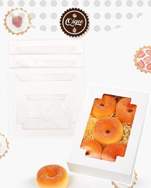 qiqee 36Packs Auto-pop Cookie Boxes for Gift Giving 8x5.3x2 inch White One Second Folding Treat Box with Window Bakery Box for Donuts Candies and Biscuit