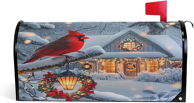 SUABO Mailbox Cover Cardinal House Snowy Day Oversize Magnetic Mailbox Covers Wraps for Christmas Home Yard Garden Decor