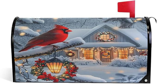 SUABO Mailbox Cover Cardinal House Snowy Day Oversize Magnetic Mailbox Covers Wraps for Christmas Home Yard Garden Decor