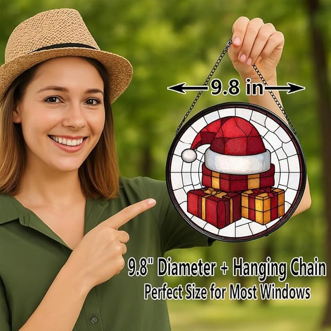 Stained Glass Window Hanging – 9.8 in Santa Hat Gift Box Panel with Chain， Bathroom Front Door Living Room Garden Decor， Gift for Mom Wife Lovers