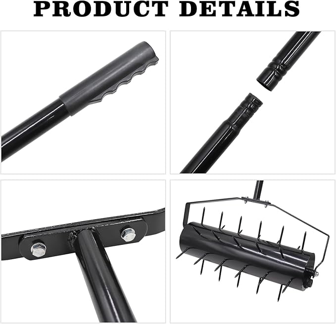 18 Inch Heavy Duty Rolling Lawn Aerator, Adjustable Weight Manual Roller Lawn Aerator Tool with Pre-Welded Spike, Hand Roller Soil Aerator for Garden Yard Lawn Grass Care with 49 Inch Steel Handle