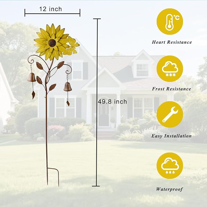 Sunflower Garden Stake with Bells, Decorative Garden Stakes for Garden Yard Patio Decor