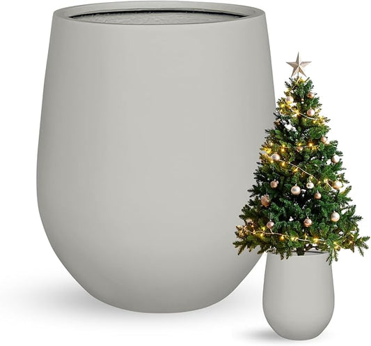 16.5"H x 15"D Corso Fiberstone Round Tapered Planter, Christmas Tree Planter, Smooth Finishes, Weather Resistant for Indoor & Outdoor Use, 2 Extra Coco Mats (Light Gray, 11.5" Pot Opening)