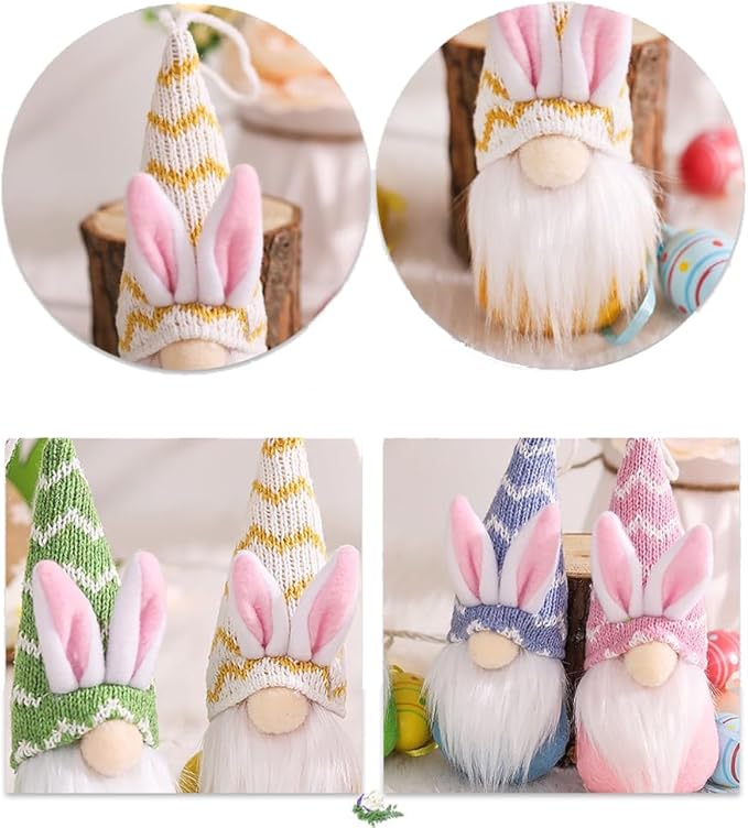 Easter Bunny Gnome Ornaments Set of 4, Faceless Doll Plush Rabbit Gnomes Hanging Ornaments for Easter Tree Decorations, Spring Holiday Home Decor