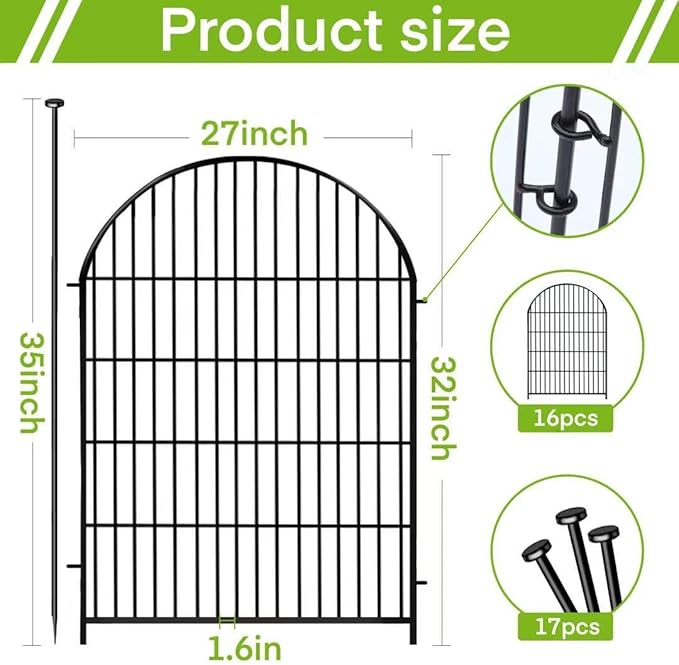ADAVIN Garden Fence Animal Barrier with Gate 32 in(H)×35 Ft(L) 16 Panels,Rustproof Metal Wire Tall Fencing Border for Dogs Rabbits,Outdoor no dig pet Fences,Black Flower Edging for Yard,Arched