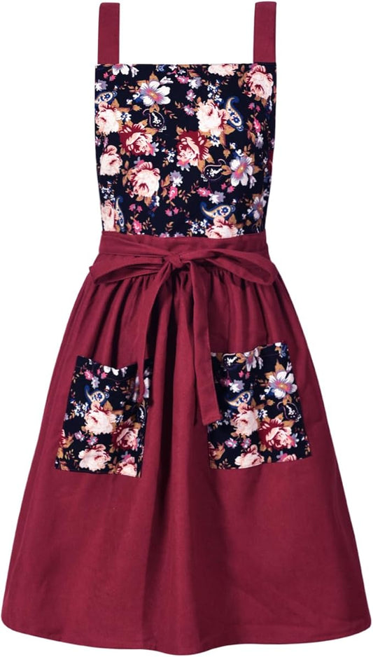 Vintage Pinafore Apron Dress for Women with Pockets Cute Floral Chef Aprons for Kitchen Cooking Baking Gardening