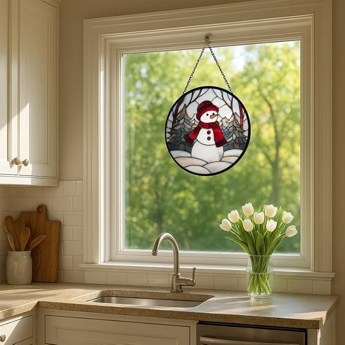 Stained Glass Window Hanging – 11.8 in Snowman Panel with Chain， Winter Holiday Bathroom Front Door Living Room Garden Decor， Gift for Mom Wife Lovers