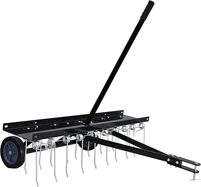 Tow Behind Dethatcher, 40-Inch Tow Lawn Dethatcher with 20 Spring Steel Tines, Lawn Dethatcher Rake Compatible with ATV & Mower, Tow Behind Lawn Rake with Lift Handle for Garden, Farm & Grass
