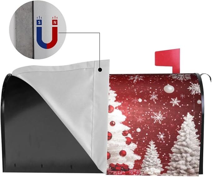 Festive Magnetic Mailbox Cover Red Christmas Tree Pattern Outdoor Mailbox Protector Holiday Seasonal Decorative Garden Yard Home Large Size 25.5 x 21 Inch