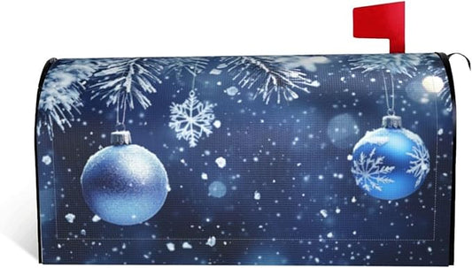 Festive Magnetic Mailbox Cover Blue Ball Christmas Pattern Outdoor Mailbox Protector Holiday Seasonal Decorative Garden Yard Home Large Size 25.5 x 21 Inch