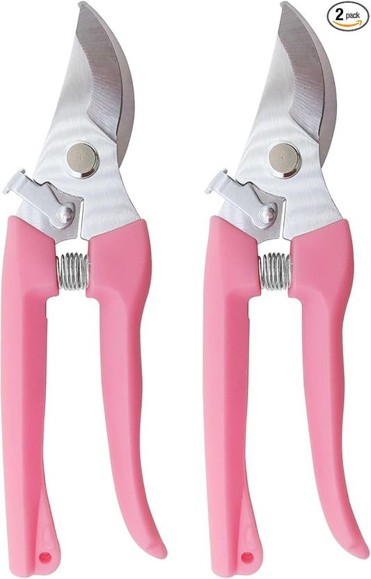 Pruning Shears for Gardening, 2 Pack Garden Scissors for Cutting Fresh Flowers, Floral Clippers for Plants, Fruits (Pink)