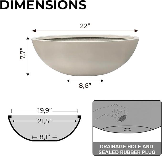 7.7"H x 22"D Round Bowl Fiberstone Planter for Succulent and Lotus - Christmas Tree Planter, Weather Resistant for Indoor & Outdoor Use, Included 2 Extra Coco Mats (Taupe, 19.9" Pot Opening)