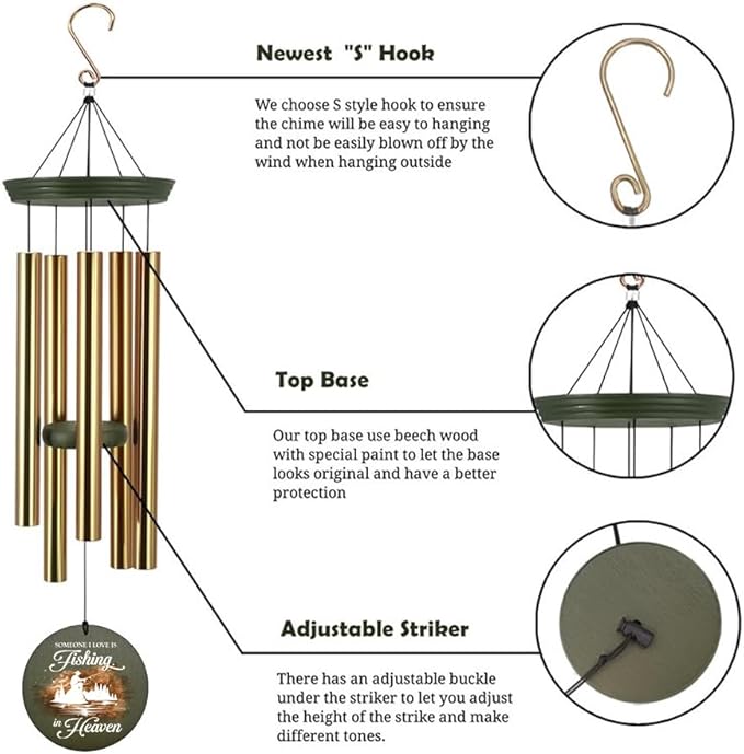 Memorial Wind Chimes Personalized, 36inch Sympathy Wind Chime, in Loving Memory for Loss of Loved Grandpa/Dad Loves Fishing, Fishing in Heaven, Memorial Gifts (Produced in USA)