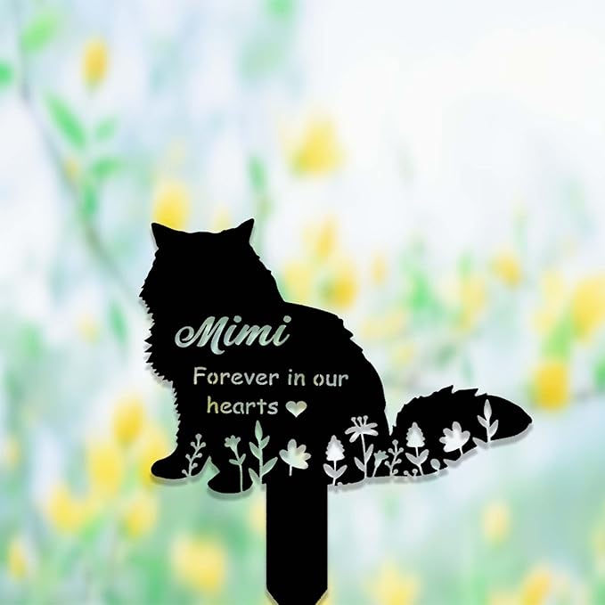 Custom Fluffy Cat Memorial Stake Sign - Metal Grave Marker with Personalized Cat Name - In Heaven Remembrance Yard Stake for Loss of Pet Sympathy Gift