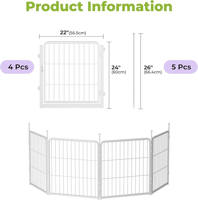 SunsGrove Garden Fence 24 in(H) x 7.4 ft(L) 4 Panels, Heavy Duty Metal Animal Barrier Fence for Dogs, Easy No-Dig Setup, Decorative Dog Fences, White