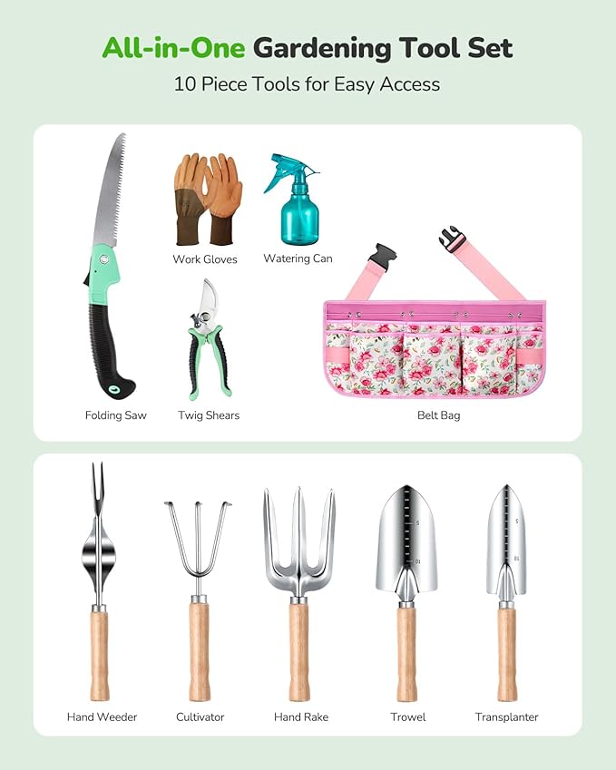 All-in-One Garden Tool Set with Tools Organizer Belt Adjustable, 10-Piece Heavy Duty Gardening Hand Tools, Long Lasting Rust-Proof Premium Garden Tool Kit, Gardening Gift for Women Men (Pink)