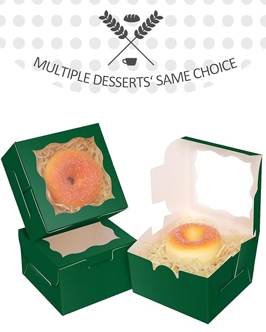 qiqee Deep Green Bakery Box with Window 4x4x2.5 inch 30Packs Macaron Boxes Small Donut Pastry Boxes for Party Mini Cookie Boxes