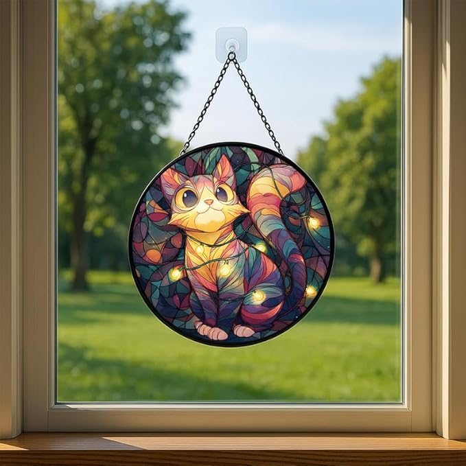Stained Glass Window Hanging – 6.3 in Cute Cat with Lights Panel with Chain， Bathroom Front Door Living Room Garden Decor， Gift for Mom Wife Lovers
