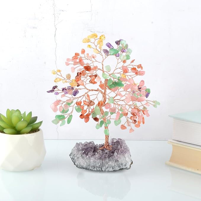 Gemstone Crystal Treeof Life,Chakra Tree Multi Stone Amethyst Cluster Base,Feng Shui Home Decor Bonsai Money Tree,Positive Energy Healing Crystals,Spriture Gift,Size 5.5"-6.3"