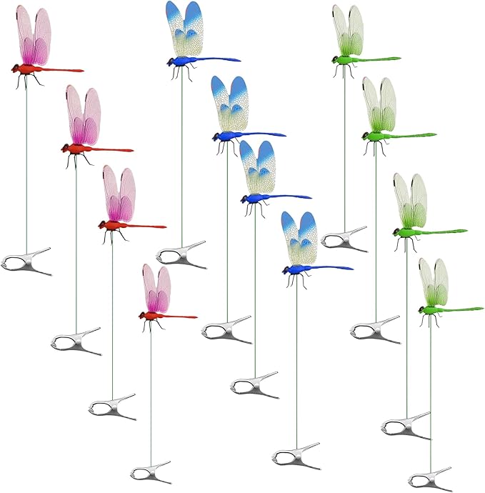 12 Pack Dragonfly Clip,Fake Dragonflies, Humming Bird Stakes Fake, Plastics Dragonfly for Garden Stakes Decor Yard Ornaments for Hat,Deer and Horse,Fly Scare Devices for Indoor Outdoor