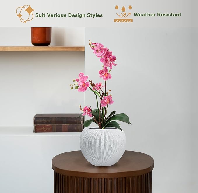 9.7"H x 12"D Globo Fiberstone Round Planter, Christmas Tree Planter, Weather Resistant, Ribbed Finish, Planters for Indoor Plants & Outdoor, Extra Coco Mats (Speckled White,7.8" Pot Opening)