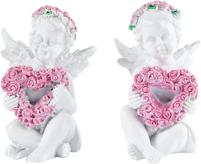 2-Piece Angel Figurines with Rose Heart - Handmade Resin Home Decor, Indoor Outdoor Angel Statues, Desktop Ornaments, Ideal Blessing Gift for Parents & Friends